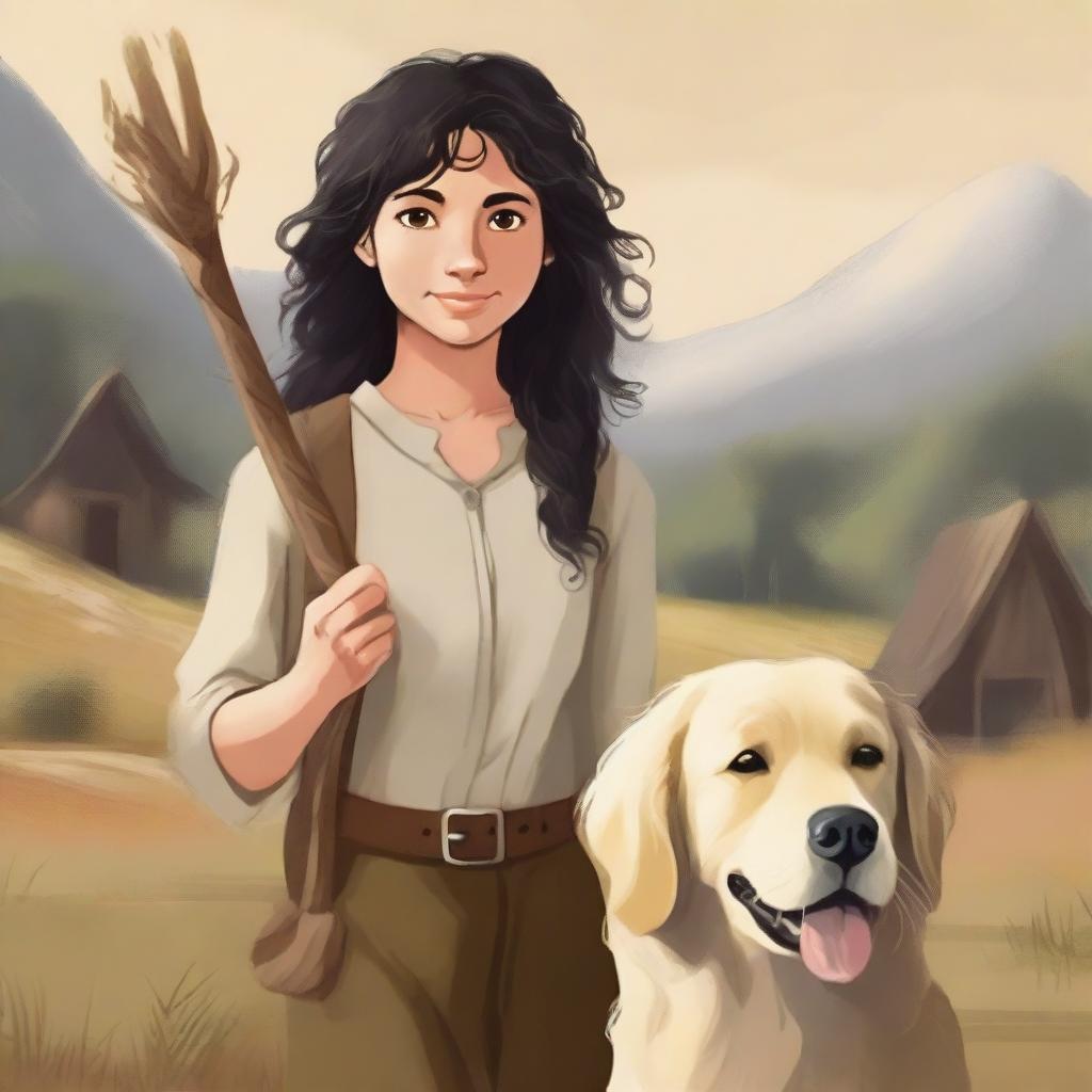 A detailed portrait of a female hobbit with messy curly black hair, holding a wooden stick