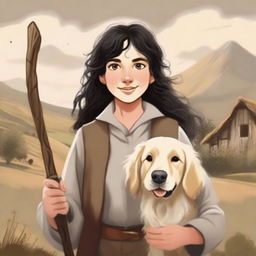 A detailed portrait of a female hobbit with messy curly black hair, holding a wooden stick