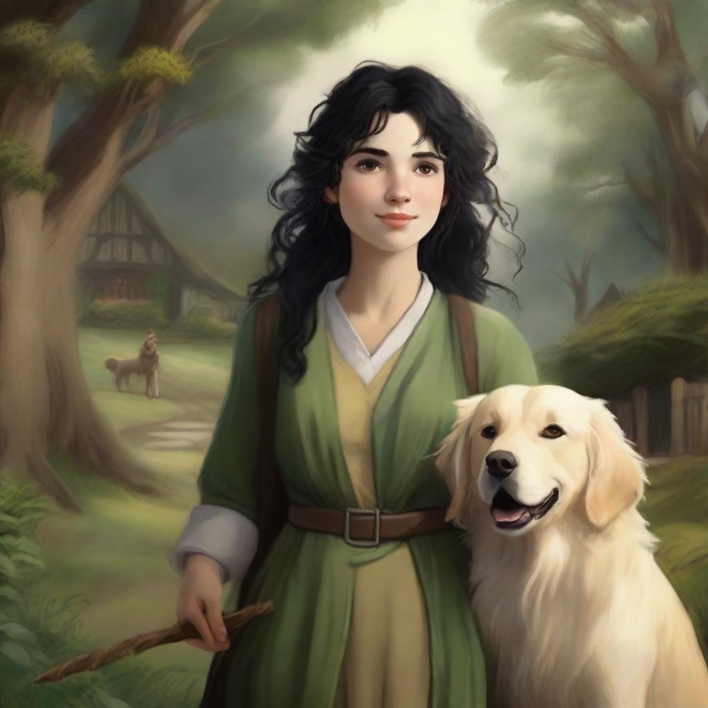 A detailed portrait of a female hobbit with messy, curly black hair