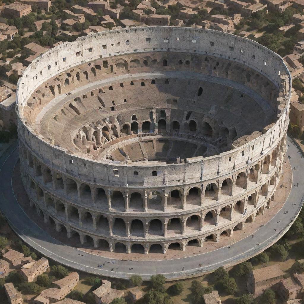 An architecturally accurate rendering of the Colosseum with an added roof that blends with the original design.