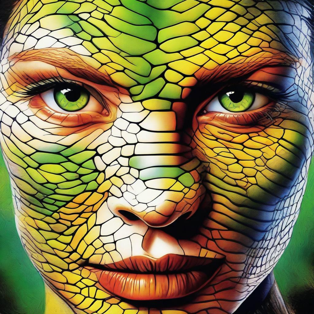 A portrait of a woman with striking, reptilian eyes