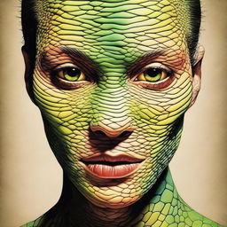 A portrait of a woman with striking, reptilian eyes