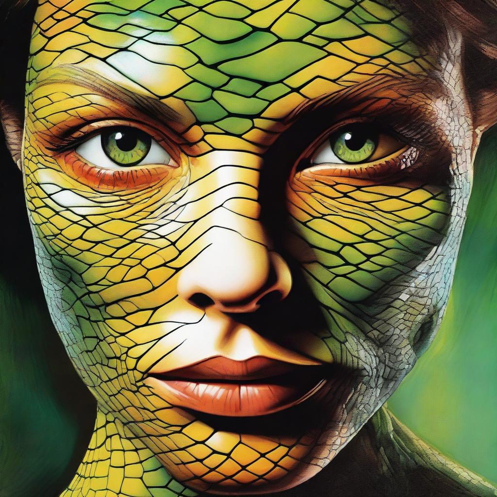 A portrait of a woman with striking, reptilian eyes