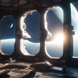 A large space station with expansive windows, set against the backdrop of a planet