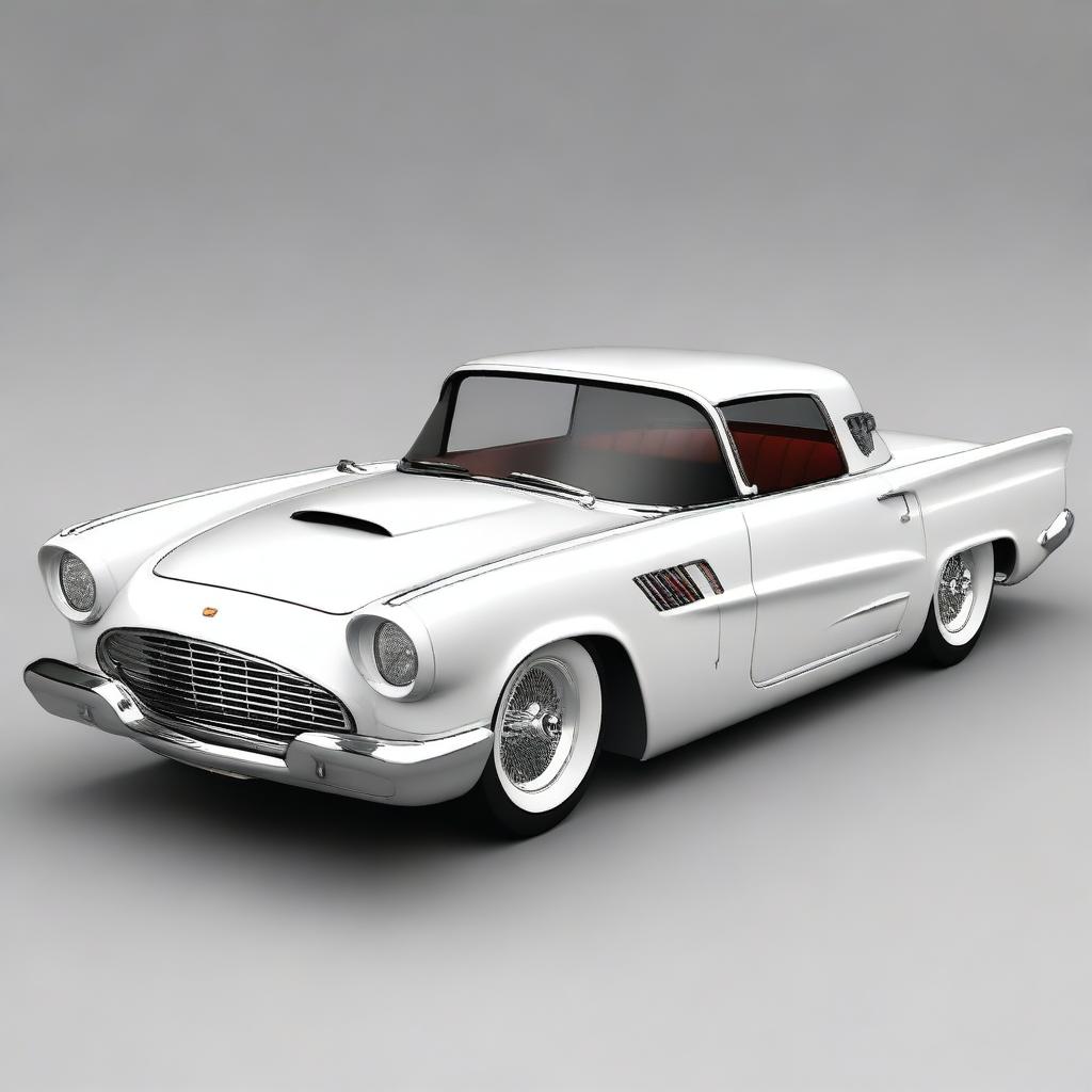 Create a custom hypercar that is a fusion of a 1958 white Ford Thunderbird coupe and a McLaren