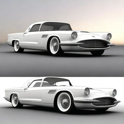 Create a custom hypercar that is a fusion of a 1958 white Ford Thunderbird coupe and a McLaren