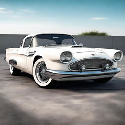 Create a custom hypercar that is a fusion of a 1958 white Ford Thunderbird coupe and a McLaren