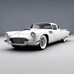 Create a custom hypercar that is a fusion of a 1958 white Ford Thunderbird coupe and a McLaren