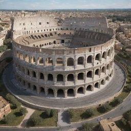 An architecturally accurate rendering of the Colosseum with an added roof that blends with the original design.