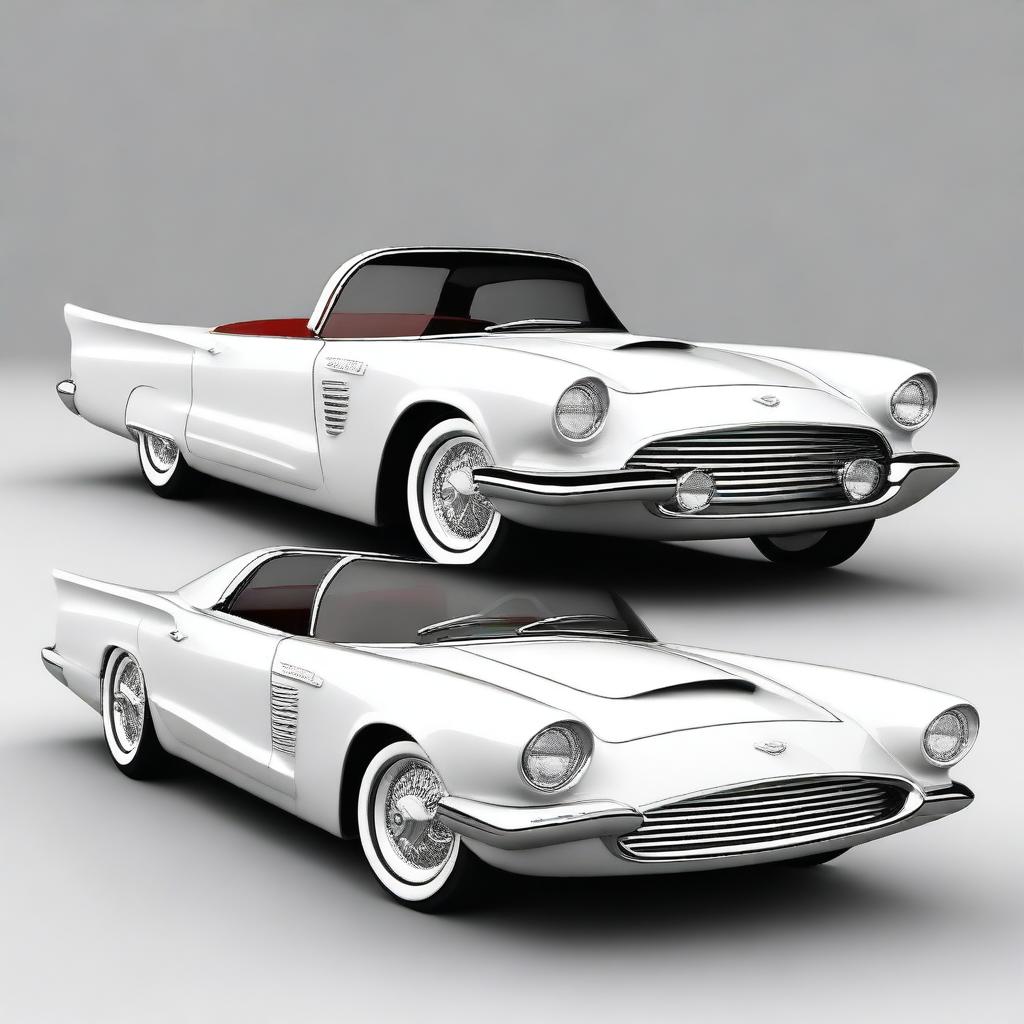 Create a custom hypercar that is a fusion of a 1958 white Ford Thunderbird and a McLaren