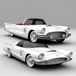 Create a custom hypercar that is a fusion of a 1958 white Ford Thunderbird and a McLaren