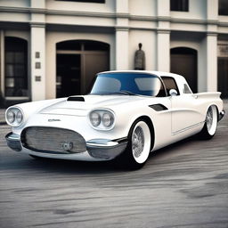 Create a custom hypercar that is a fusion of a 1958 white Ford Thunderbird and a McLaren