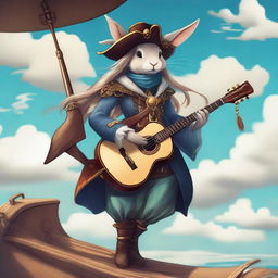 A detailed illustration of a rabbit humanoid female sky pirate bard