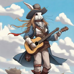 A detailed illustration of a rabbit humanoid female sky pirate bard