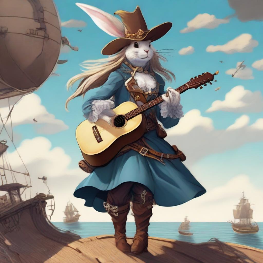 A detailed illustration of a rabbit humanoid female sky pirate bard