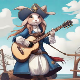 A detailed illustration of a rabbit humanoid female sky pirate bard