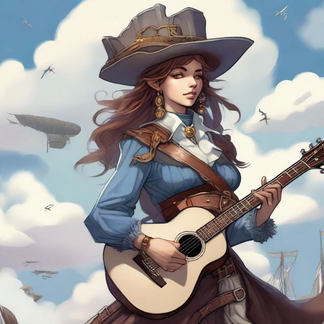 A detailed illustration of a Dungeons & Dragons harengon humanoid female sky pirate bard