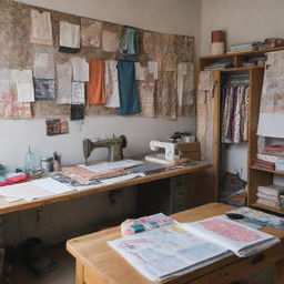 A bustling fashion designer's studio with sketches, patterns, and fabrics strewn about. In one corner, an industrial sewing machine rests. Ankara materials and mood boards occupy the walls with colored threads and swatches neatly organized.