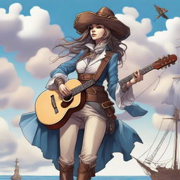 A detailed illustration of a Dungeons & Dragons harengon humanoid female sky pirate bard