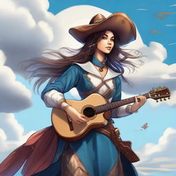 A detailed illustration of a Dungeons & Dragons harengon humanoid female sky pirate bard