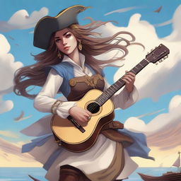 A detailed illustration of a Dungeons & Dragons harengon humanoid female sky pirate bard