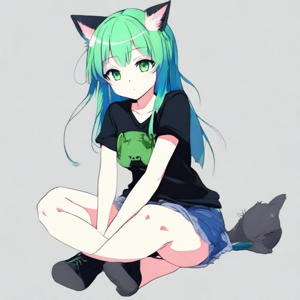 Create a full-body illustration of an anime girl with cat ears and heterochromatic eyes (one blue, one green)