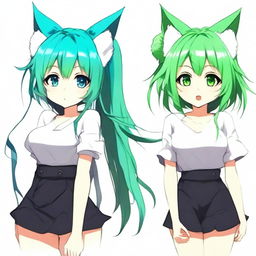 Create a full-body illustration of an anime girl with cat ears and heterochromatic eyes (one blue, one green)