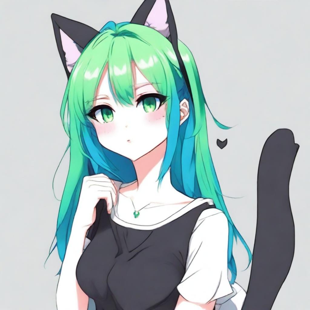 Create a full-body illustration of an anime girl with cat ears and heterochromatic eyes (one blue, one green)