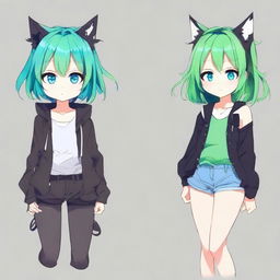 Create a full-body illustration of an anime girl with cat ears and heterochromatic eyes (one blue, one green)