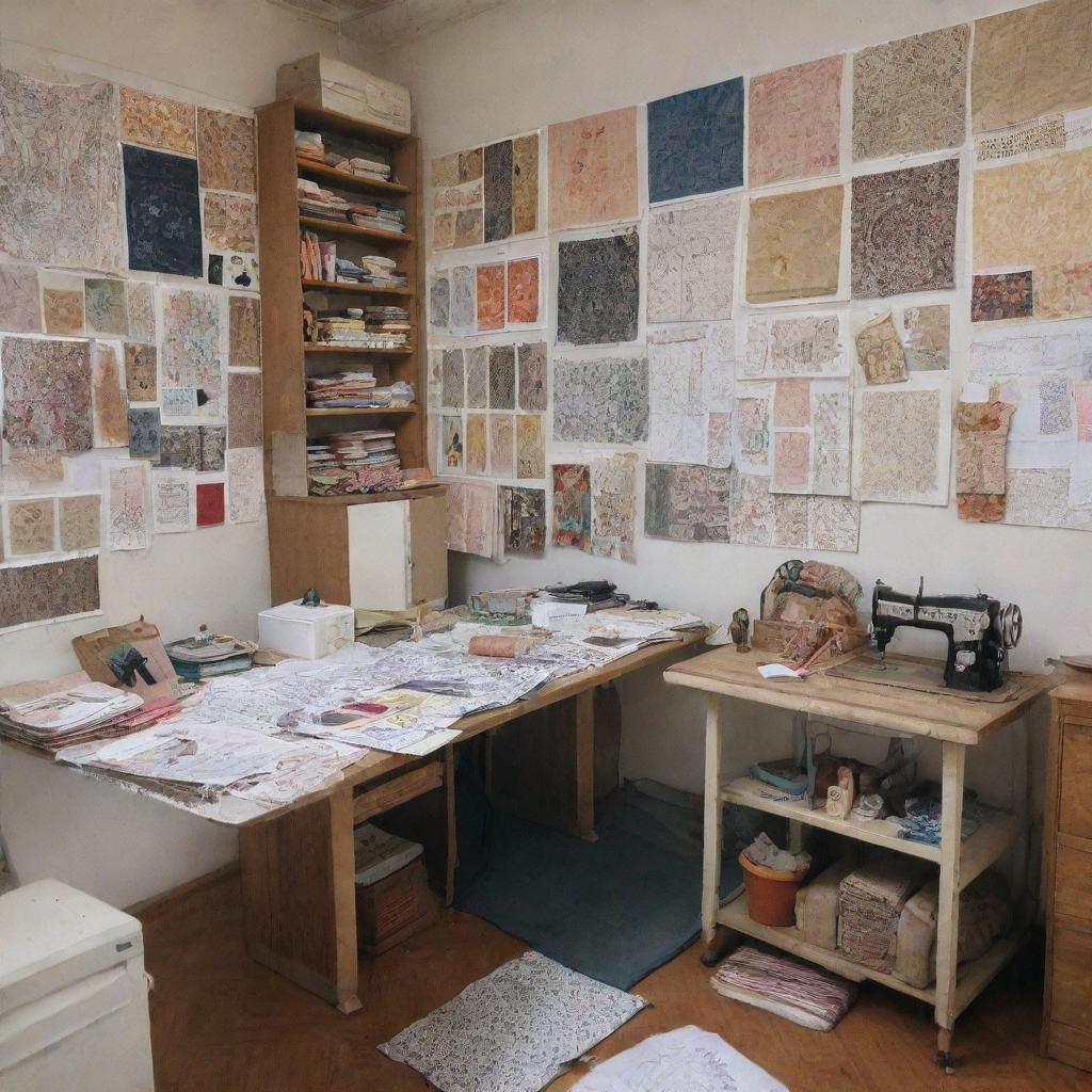 A bustling fashion designer's studio with sketches, patterns, and fabrics strewn about. In one corner, an industrial sewing machine rests. Ankara materials and mood boards occupy the walls with colored threads and swatches neatly organized.