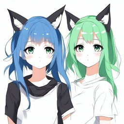 Create a full-body illustration of an anime girl with cat ears and heterochromatic eyes (one blue, one green)