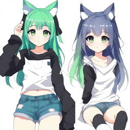 Create a full-body illustration of an anime girl with cat ears and heterochromatic eyes (one blue, one green)