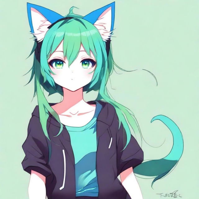 Create a full-body illustration of an anime girl with cat ears and heterochromatic eyes (one blue, one green)