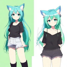 Create a full-body illustration of an anime girl with cat ears and heterochromatic eyes (one blue, one green)