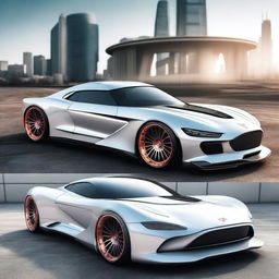 Create a custom hypercar that is a fusion of a 1958 white Ford Thunderbird widebody and a cyberpunk McLaren