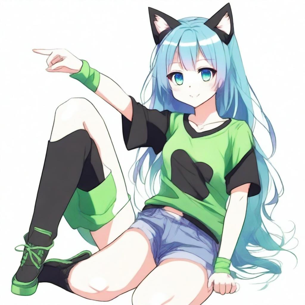 Create a full-body illustration of an anime girl with cat ears and heterochromatic eyes, one blue and one green