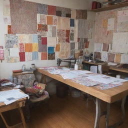 A bustling fashion designer's studio with sketches, patterns, and fabrics strewn about. In one corner, an industrial sewing machine rests. Ankara materials and mood boards occupy the walls with colored threads and swatches neatly organized.