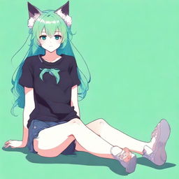 Create a full-body illustration of an anime girl with cat ears and heterochromatic eyes, one blue and one green