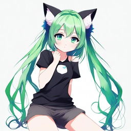 Create a full-body illustration of an anime girl with cat ears and heterochromatic eyes, one blue and one green