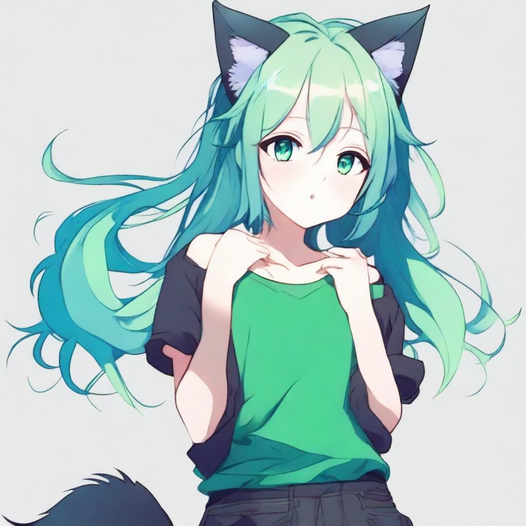 Create a full-body illustration of an anime girl with cat ears and heterochromatic eyes, one blue and one green