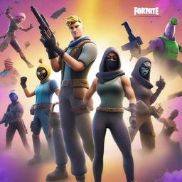 Create a vibrant and dynamic Fortnite thumbnail featuring popular Fortnite characters in an action-packed scene