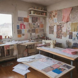 A bustling fashion designer's studio with sketches, patterns, and fabrics strewn about. In one corner, an industrial sewing machine rests. Ankara materials and mood boards occupy the walls with colored threads and swatches neatly organized.