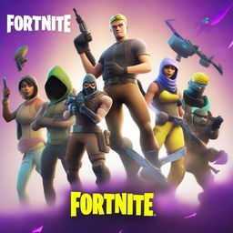 Create a vibrant and dynamic Fortnite thumbnail featuring popular Fortnite characters in an action-packed scene