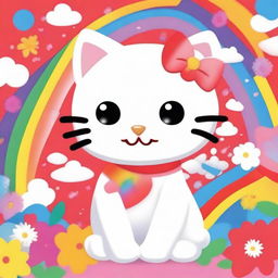 Create an image of Hello Kitty, the adorable white cat with a red bow on her left ear, standing in front of a colorful background with flowers and rainbows