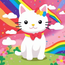 Create an image of Hello Kitty, the adorable white cat with a red bow on her left ear, standing in front of a colorful background with flowers and rainbows