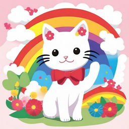 Create an image of Hello Kitty, the adorable white cat with a red bow on her left ear, standing in front of a colorful background with flowers and rainbows