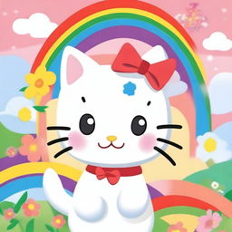 Create an image of Hello Kitty, the adorable white cat with a red bow on her left ear, standing in front of a colorful background with flowers and rainbows