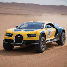 Bugatti cars redesigned into sturdy Dakar Rally vehicles, fitted with large tires, increased suspension capabilities and rugged bodywork to endure the harshest of environments.