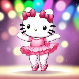 A cute Hello Kitty character dressed as a dancer, wearing a tutu and ballet shoes, performing a graceful dance move on a stage with colorful lights and a cheering audience in the background