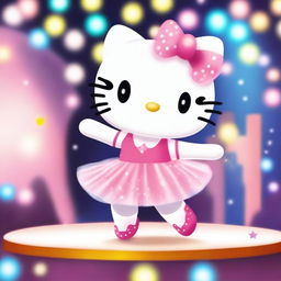 A cute Hello Kitty character dressed as a dancer, wearing a tutu and ballet shoes, performing a graceful dance move on a stage with colorful lights and a cheering audience in the background